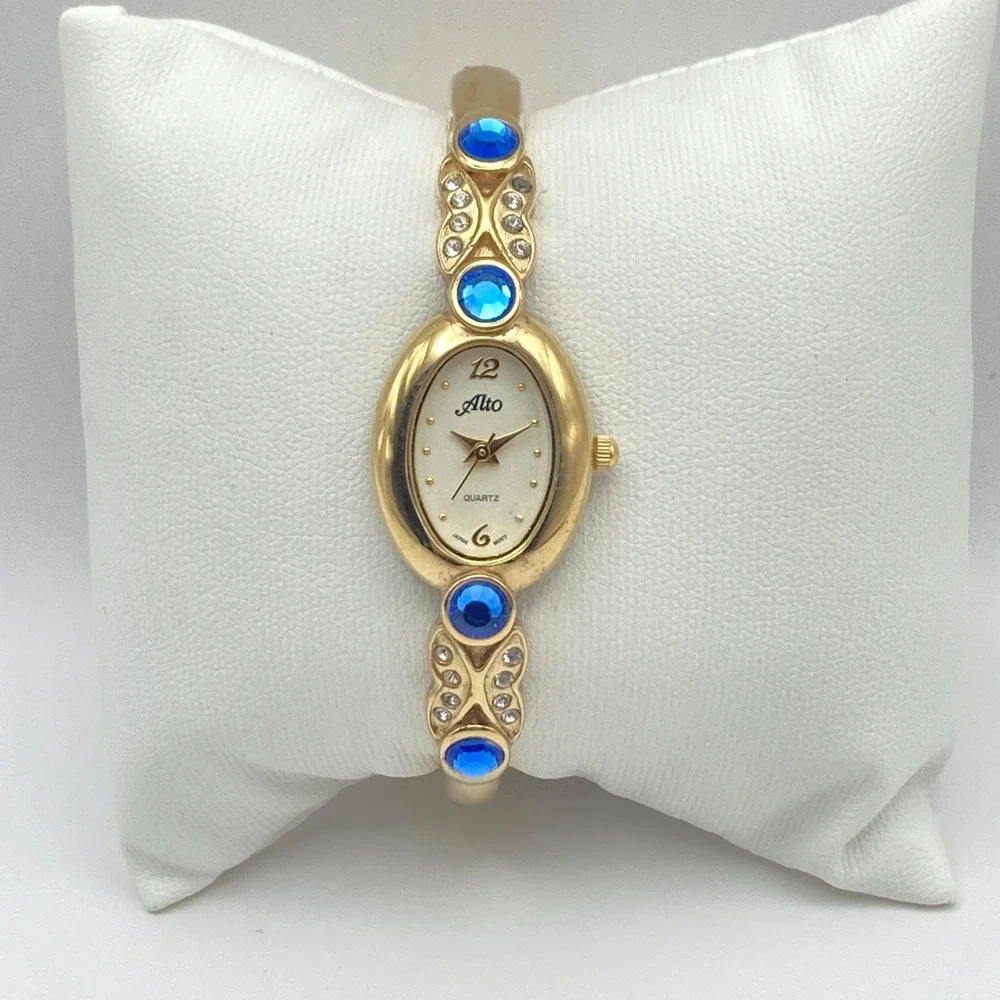 Alto Women's Watch 19mm Gold Tone Blue Crystals Cuff Oval New Battery 6.25